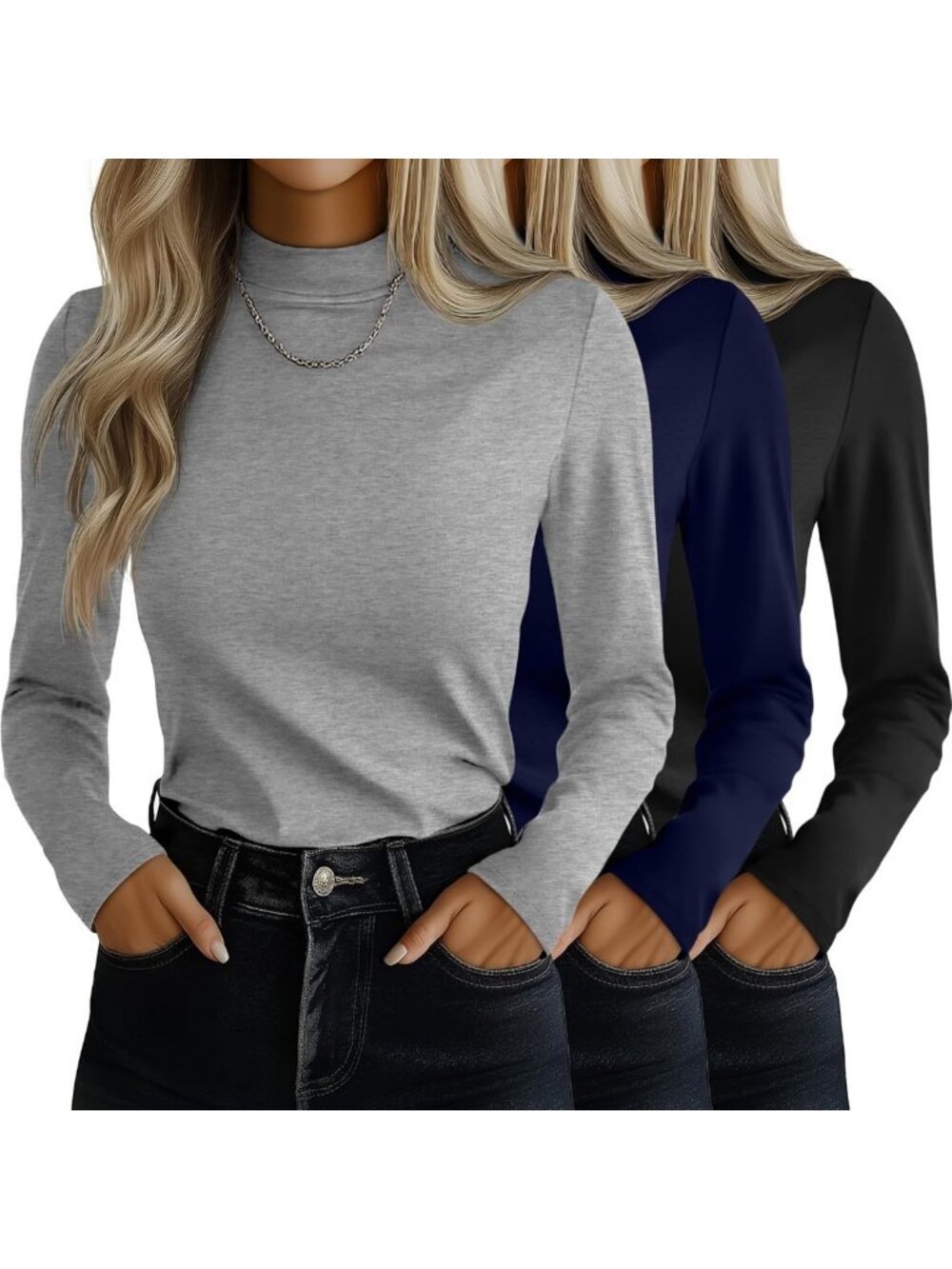 Ficerd 3 Pack Women's Mock Turtleneck Tops Long Sleeve Shirts